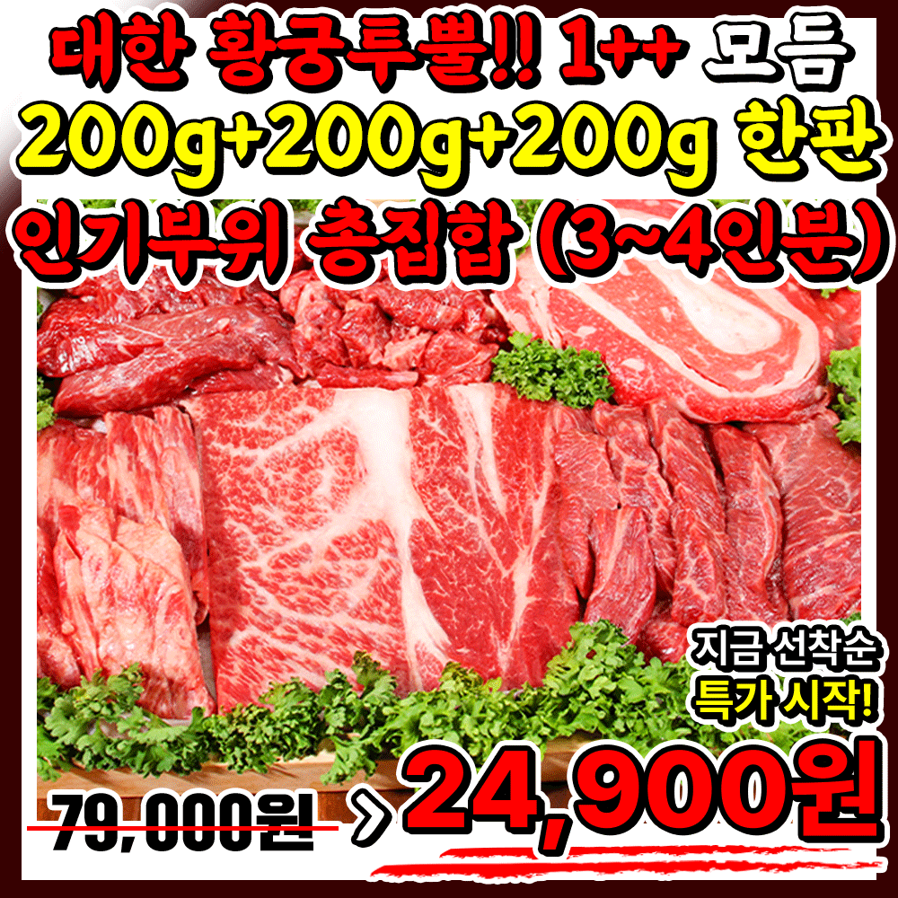 모듬한판!! 마블가득 ★투뿔!! 대한 황궁한우 1++ 선호부위만 모음 (200g+200g+200g)